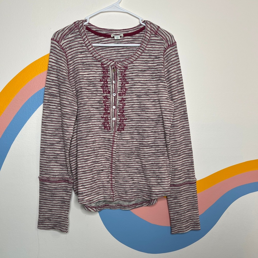 Sundance‎ Womens Large Burgundy Striped Embroidered Henley Thermal Knit Top L
